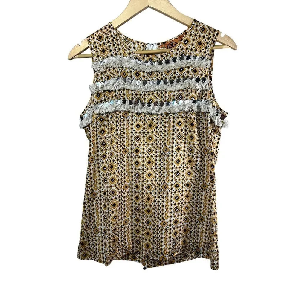 TORY BURCH Women's Cotton Beaded Fringe Sleeveless Blouse Yellow/Black Size 4